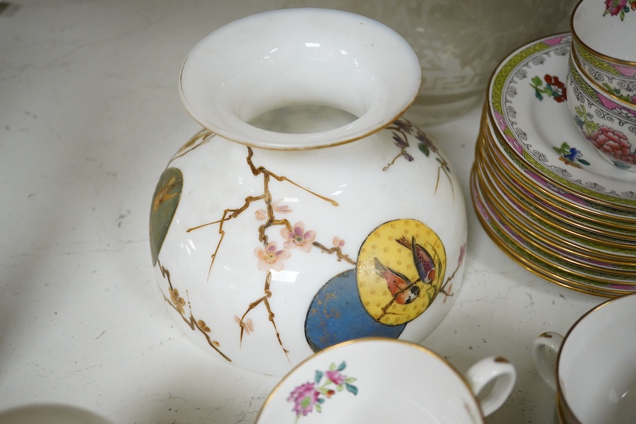 A Bristol blue glass dump, a wheatsheaf carved bread board and bread knife, three ornate glass shades and a Copeland Spode china tea set, bread board 30.5 cm diameter. Condition - dump, tea set good, shades chipped and b